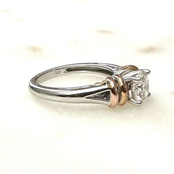 Moissanite 1.00ct DEW Solitaire Platineve Sterling Silver Ring with 14k Gold - Picture 3 of 7